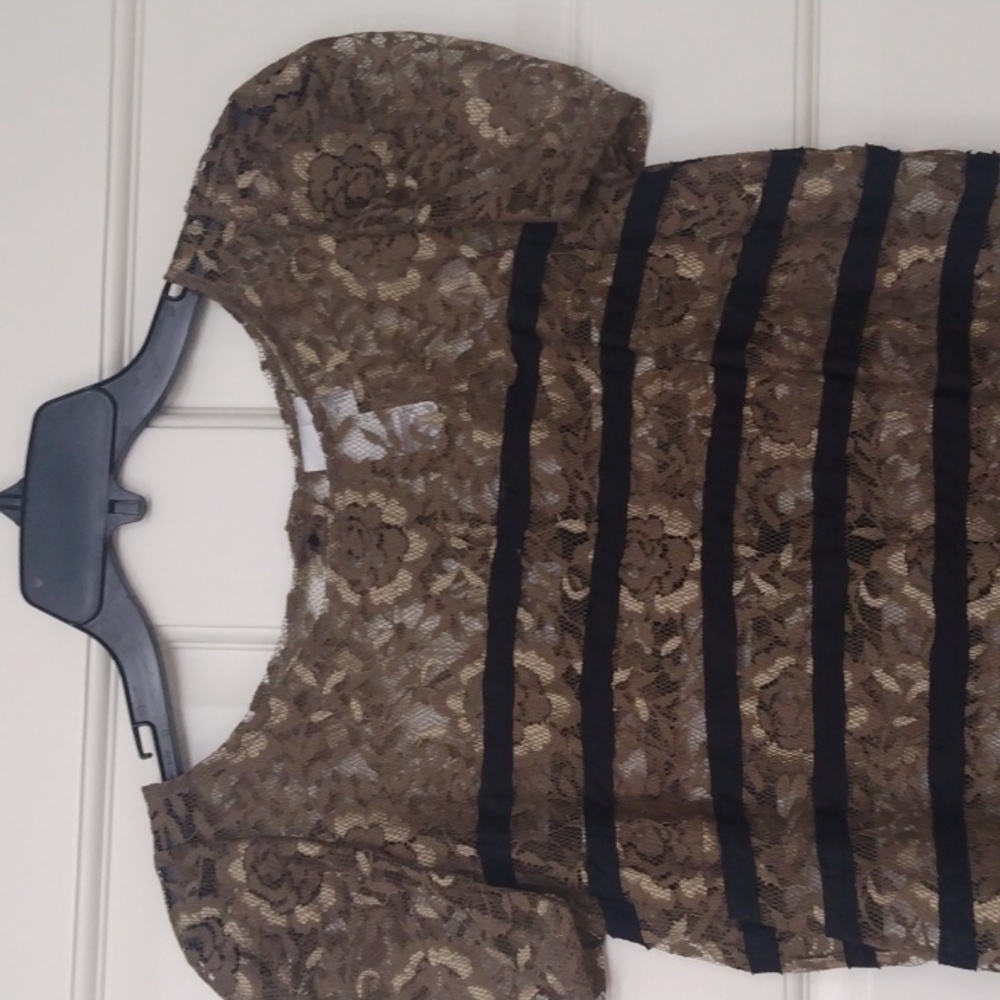 2B. RYCH LACE TAUPE & BLACK BACK BUTTON SHORT SLEEVE TOP SIZE 4 - Picture 2 of 7